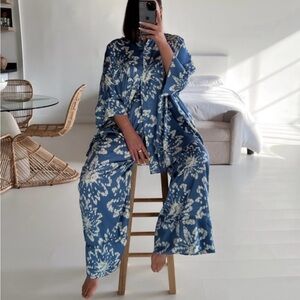 Free People Blue Floral Wide Leg Lounge Set